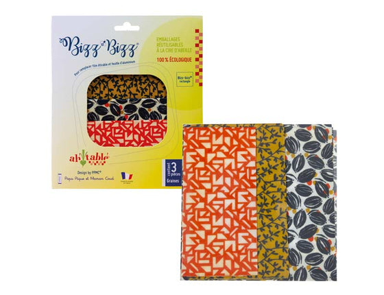 Emballage Bizz Bizz en cire d'abeille : lot de 3 tailles S-M-L motif 